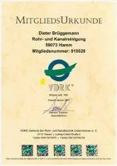 Mitgliedsurkunde Dieter Brüggemann Rohr- und Kanalreinigung in Hamm bei der VDRK