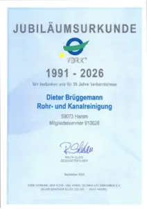 Die Jubiläumsurkunde des VDRK würdigt Dieter Brüggemanns 35-jährige Verbandstreue von 1991 bis 2026 in Hamm.